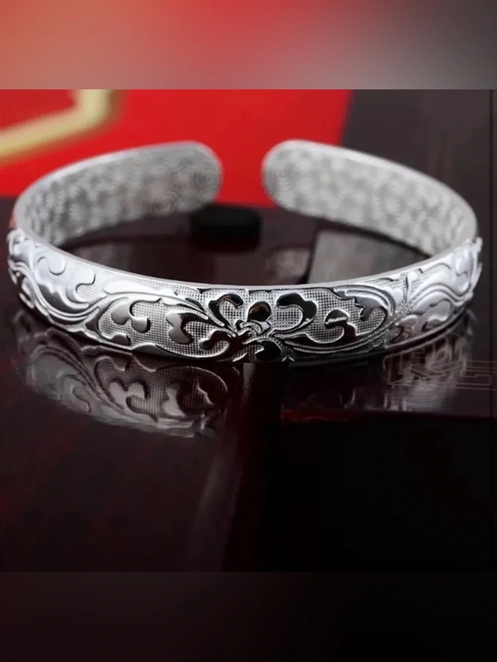 Elegant Silver Tone Floral Engraved Cuff Bracelet Adjustable Boho Stackable